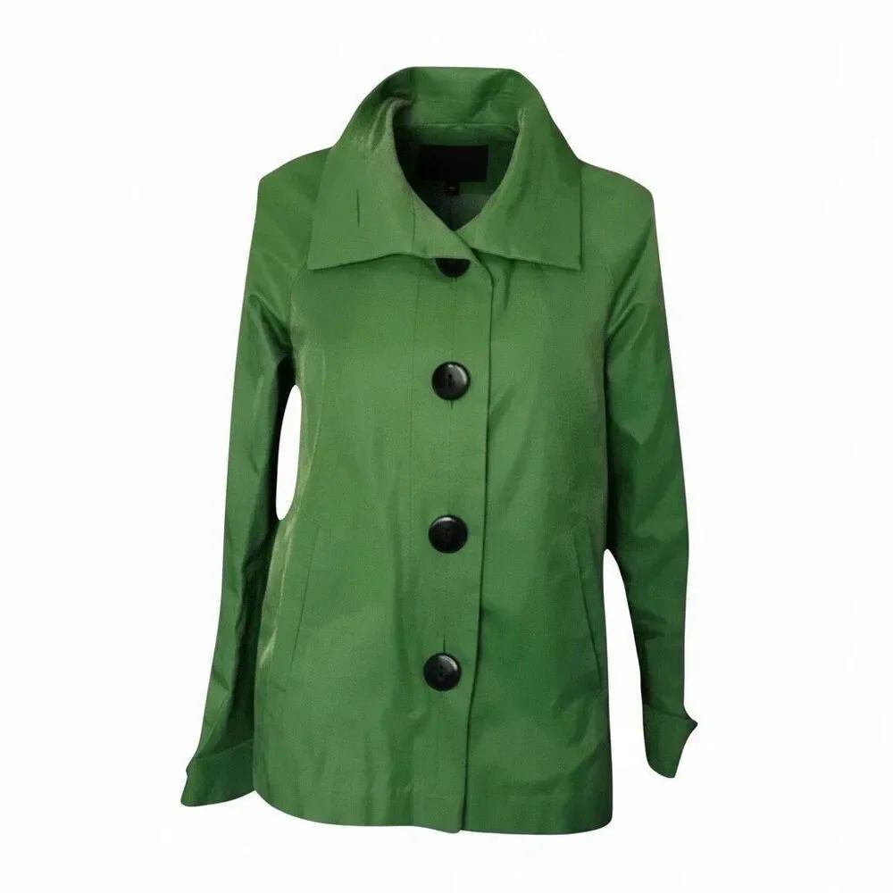 Gallery Petite Rain Trench Coat Size Small Petite Green Cotton Blend Button Up